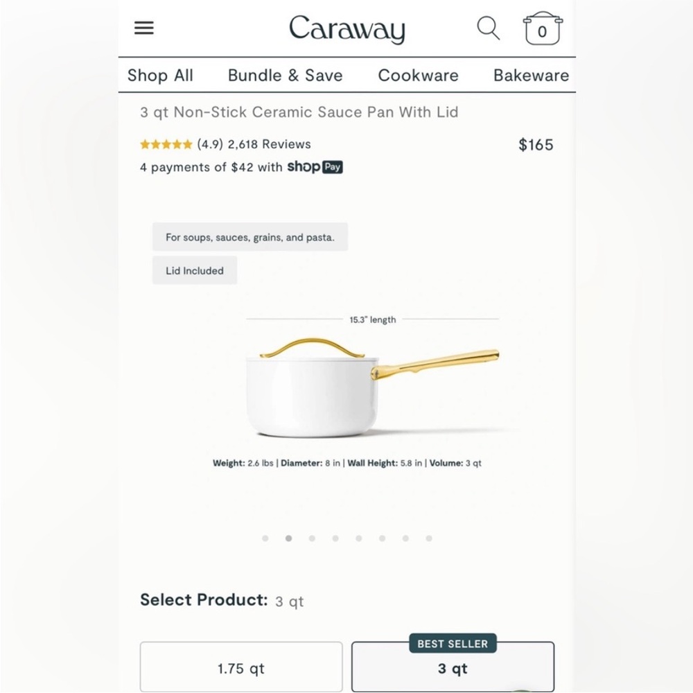 Caraway Nonstick Ceramic Sauce Pan with Lid (3 qt) | White + Gold - Picture 2 of 9